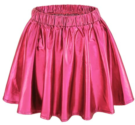Ushiny Mini-Jupe Patineuse plissée, évasée, Brillante, Extensible et métallisée, Taille Haute, pour Femmes et Filles (Rose Rouge)