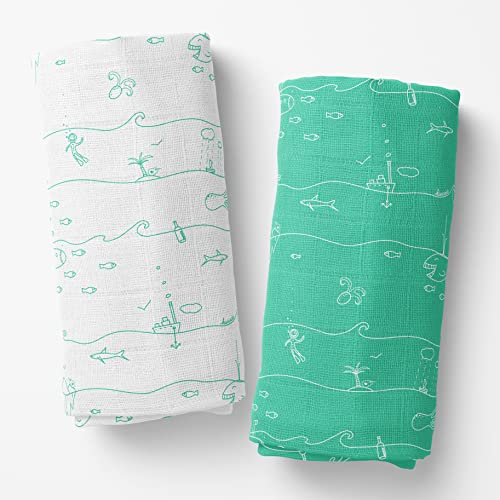 kiwicado 2er Set Premium Baby Pucktuch Musselin Tuch, 120x120cm, Musselin Swaddle Decke Baby Bambus Baumwolle Maritim, Meer, Reise, Anker, Reisefamilie