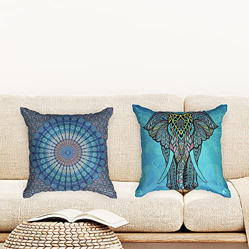 Ulticool - Kissenhülle - Mandala und Elefant Böhmen Hippie Ibiza - Set von 2 Motiven – 45 cm x 45 cm - Dekokissen ohne Füllung - Kissenbezug Zubehör für Sofa/Bett - Blau