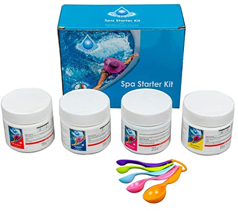 WedDecor Starter Kit for Hot tub Spa Swimming Pool Water Cleaning Treatment Set, Includes Chlorine, pH Plus, pH Minus, Foam Remover, and Measuring Spoons