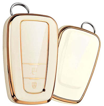 HIBEYO Keyless Autoschlüssel Hülle passt für Toyota Schlüsselhülle Silikon Schutzhülle für Toyota Prius Camry Prius Auris Aygo RAV4 Yaris Vios Corolla Fernbedienung Schlüsseletui 2Tasten-Gold Weiß