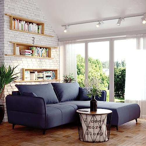 Sofa Isabell mit Bettkasten Schlafsofa Polstersofa mit Schlaffunktion Klappsofa Couch mit Schwarzen Füßen Sofagarnitur Wohnzimmer Gastzimmer (Sofa L-Form, Dunkelblau)