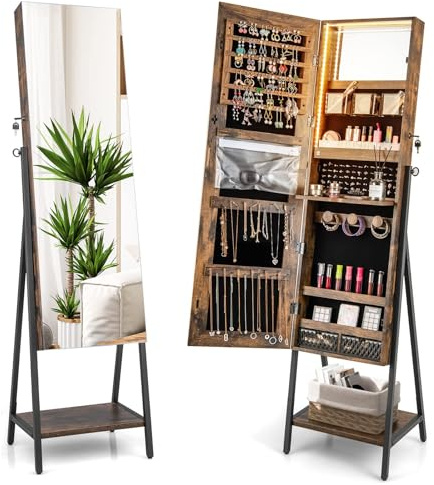 RELAX4LIFE Specchio Portagioie da Terra, Armadietto Portagioie con Specchio a Figura Intera e Ripiano, Fibbia Magnetica, Organizzatore per Gioielli e Accessori (Industriale, 37x41,5x157cm)