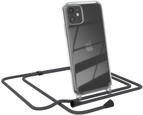 EAZY CASE Handykette kompatibel mit iPhone 11 Handyhülle mit Umhängeband, Handykordel mit Schutzhülle, Silikonhülle, Hülle Band, Stylische Kette für Smartphones, Schwarz/Anthrazit - Clips Schwarz