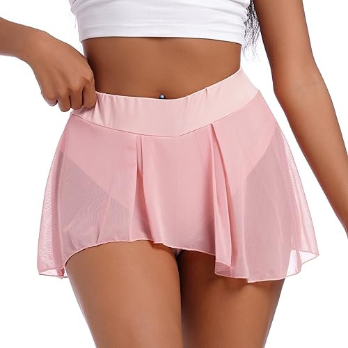 Odizli Festival Outfit Damen Rave Techno Burlesque Pole Dance Hotpants Sexy Booty Shorts Sommer High Waist Hot Pants Kurze Hosenrock Hose Durchsichtiges Transparent Mesh Minirock Rosa-B M
