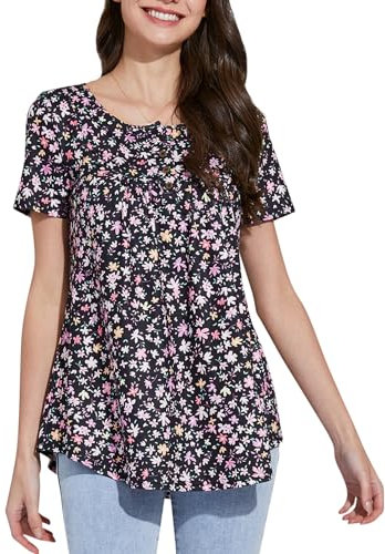 Enmain Tunique Femme Grande Taille Manches Courtes Tunique Hauts pour Leggings Imprimé Floral Lâche Petit Col en V Boutonné Dames Tunique T-Shirt Chemisier, S2-Fleur Rose Noire, 3XL
