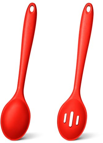 TEAMFAR Silikon Kochlöffel Set, 2-teilig Antihaft Rührlöffel Servierlöffel Küchenhelfer zum Kochen, Backen, Rühren, Mischen, Rot, Spülmaschinenfest