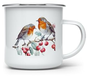 MAXIKIWI - Tasse à café ou thé en émail durable pour l'intérieur et l'extérieur – rouge-gorges dans une roseraie – 350 ml