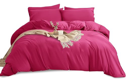 Imperial Rooms King Size Duvet Cover Sets Brushed Microfiber 3 PCs Plain Bedding Set with Pillow Cases Button Closure Ultra Soft Quilt Bed Cover (230 x 220 Cm Pink)