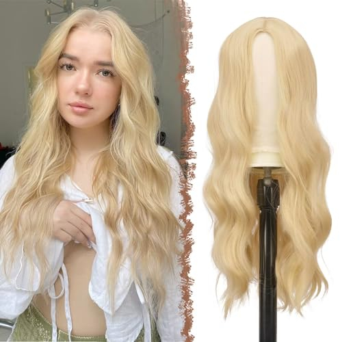 FESHFEN Lange Lockige Blond Perücke, 55 cm Mittelscheitel Frauen Perücken Natürlich synthetische Perücken Damen Locken Wavy Wig für Party Täglich Long Wavy Wig