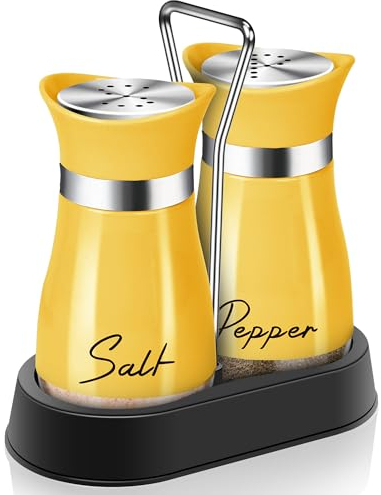 Yellow Salt and Pepper Shakers Set with Holder,4 oz Cute Kitchen Decor and Accessories Farmhouse Gadgets Table Housewarming Gift Thanksgiving Christmas Decor Refillable Design (Yellow)