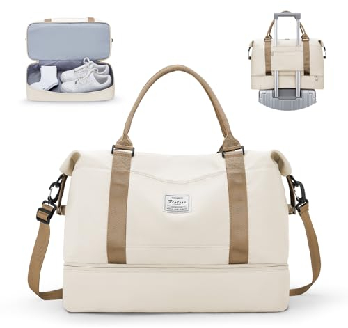 HYC00 Reisetasche Damen,Sporttasche Große Reisetasche mit schuhfach & Nass-Tasche,Weekender Overnight Bag Travel Duffle Bag Handgepäck Tasche Trainingstasche Fitnesstasche Schwimmtasche,Hellbeige