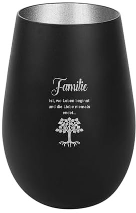Der-Porzellan-Laden Windlicht mit Gravur Familie ist wo Leben beginnt, Schwarz Silber, Teelichthalter aus Glas mit Spruch, Tischdeko modern