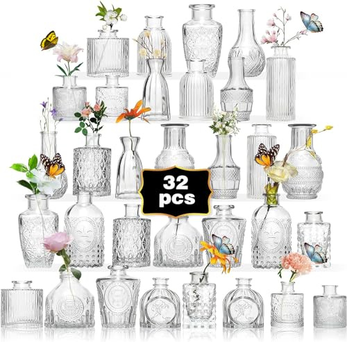 Anquephd Juego de 32 jarrones de cristal para centros de mesa de boda, mini jarrones transparentes para flores, pequeños jarrones adecuados para fiestas de cumpleaños, aniversarios, bodas, baby shower