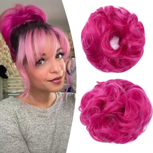 Gairyan Haarteil mit Gummiband Dutt Haarteil Haargummi mit Haaren Pferdeschwanz 27g Lockige Gewellt Messy Hair Scrunchies Kunsthaare Haarverlängerung Hair bun für Frauen(Rose)