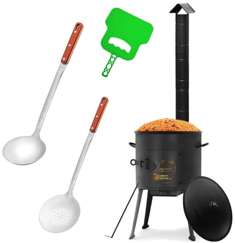 Ø36cm Uchag 2mm Stahl mit Abzugsrohr Utschak Utschag Feldküche 10L Kazan | Kasan Gusseisen Feuerstelle Campingofen Außenküche Eintopfofen mit Schaumkelle Suppenkelle Grillfächer