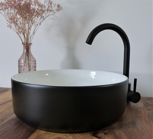 Nero Waschtisch Set Komplettset Keramik Aufsatz Waschbecken schwarz weiß rund 36cm +Ablaufgarnitur +Armatur schwarz matt