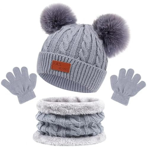 YUECIBAI Schal Damen 3 Teile/Satz Beanie Heat Necker Chief Handschuhe Set Plüsch Kugeln Dekor Strick Mütze Verdickter Schal Einfarbig Handschuhe Set Einheits Größe Grau