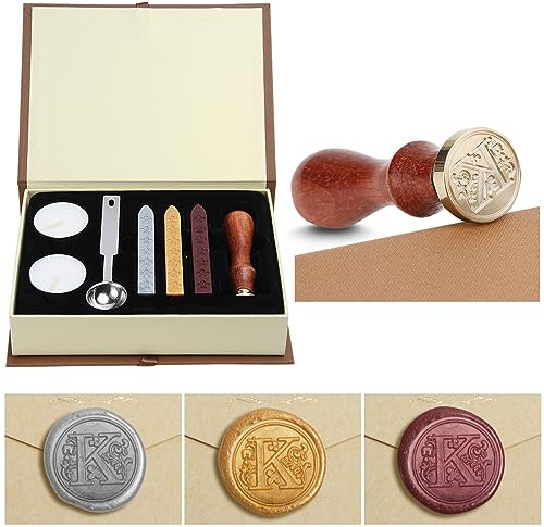 Siegelwachs-Set,Classical Old-Fashioned Antique Wax Stamp Seal Kit Initial Letters Alphabet Set Gift Box with Vintage Wooden Handle and Brass Color Head, Siegelstempel-Wachsset, Geschenkbox(K)