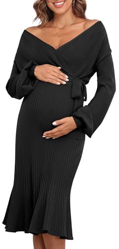 V FOR CITY Women V Neck Maternity Sweater Dress with Belt Tie Long Sleeve Casual Dress Knitted Swing Black L