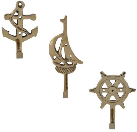 Kleiderhaken/Schlüsselhaken Anker Segelboot Steuerrad, Maritime Wandhaken, Haken Messing poliert - Garderobenhaken für Ihr Boot oder Zuhause Größe Anker