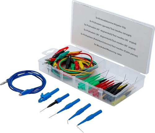 BGS 74500 | Messkabel- und Prüfspitzen-Satz | 30-TLG. | KFZ bis 30 V | 4 mm Buchsen | Krokodilklemmen | Prüfnadeln gerade, 45° und 90° | Kabeldurchstecher | Messkabel 104 cm