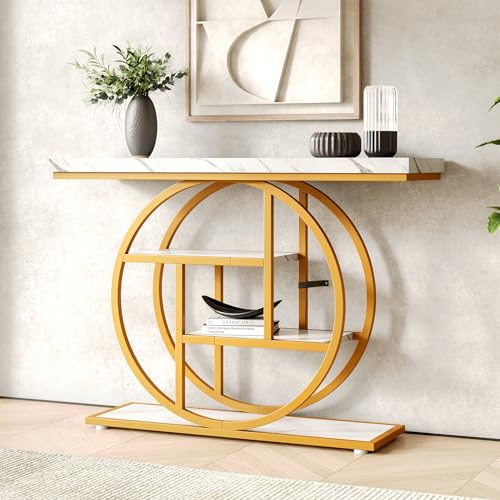 LITTLE TREE Konsolentisch, 4-stufiger Beistelltisch für den Eingangsbereich hinter dem Sofa, 105 cm moderner Sofatisch für Wohnzimmer, Flurtisch für Eingangsbereich, Weiß und Gold
