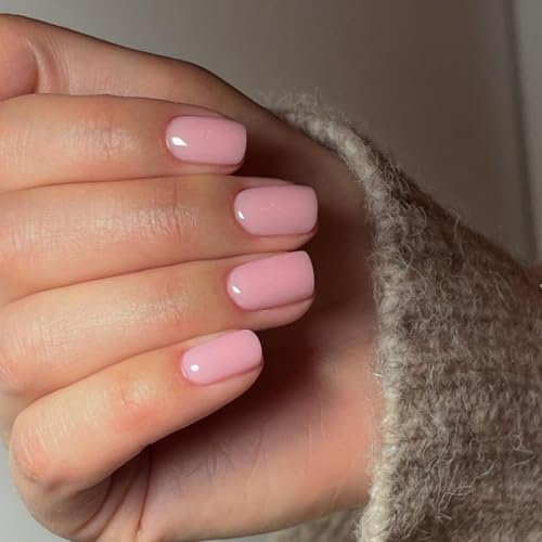 SXVME Pink Press on Nails Short Square Acrylic Short False Nails Coffin Natural Acrylic Fake Nails Set Elegant Solid Color Full Cover Glossy Gel Stick on Nail for Women Daily Wear 24 Pcs
