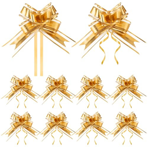 VOSSOT 10 Stück Geschenkschleife, 13 cm Ziehschleife Gold Geschenk Schleife mit Geschenkbänder Dekoschleifen für Verpacken Hochzeit Geburtstag Geschenkverpackung Tüten