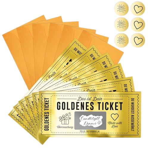 RCYHCY 6 Goldenes Ticket Gutschein Rubbel, Gutschein zum Selber Ausfüllen mit Rubbelaufkleber, Rubbelkarte zum beschriften, Geschenke für Frauen, Kinogutschein,Geburtstagsgeschenk
