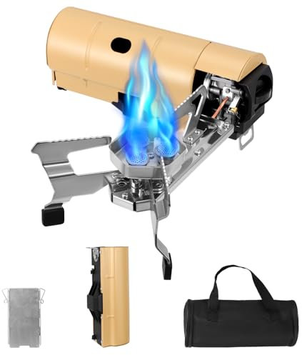 Fornello da campeggio a gas butano, 1400 W, pieghevole, mini fornello portatile compatto con borsa di stoccaggio, ideale per escursionismo, picnic, viaggi e emergenze (marrone)