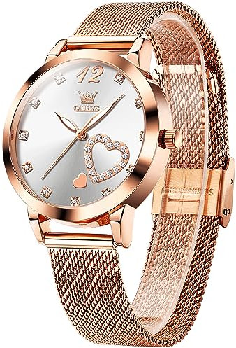 OLEVS Roségoldene Mesh Armbanduhren für Damen Edelstahl Modische Lässig Weißes Kleid Uhren für Frauen Leuchtend Wasserdicht Elegant Rund Zifferblatt Herzform Diamant Damen Quarzuhren