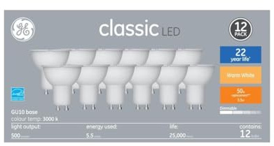 GE Classic LED GU10 Base Light Bulbs, Warm White, 5.5 Watt, Dimmable, 500 Lumens, 12 Pack