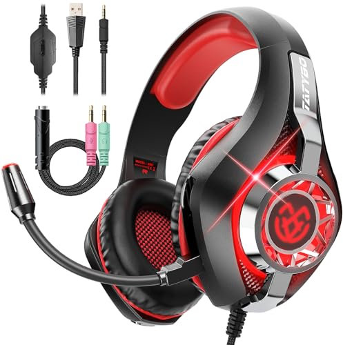 Tatybo Gaming Headset for Ps4 Ps5 Xbox One Switch PC, Gaming Headphones with Deep Bass Stereo Sound & Noise-Cancelling Mic (Black Red)
