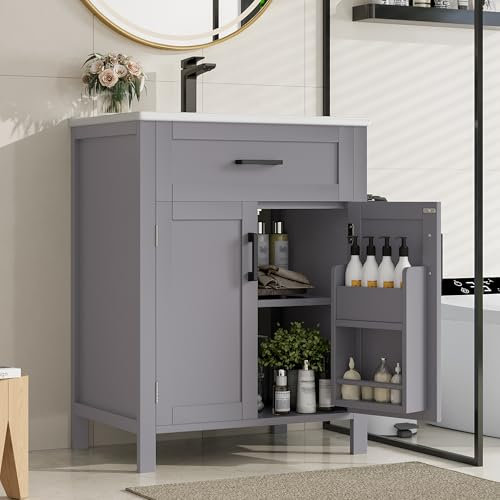 60 x 46 x 84,8 cm Bodenstehender Badezimmerschrank mit Waschbecken,Waschtisch,komplett lackiert, Doppeltürregale, praktische Schubladen, verstellbare Regale, integriertes Keramikwaschbecken (Grau)