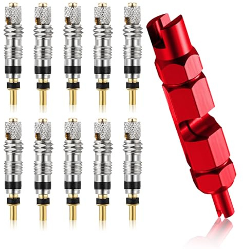 11Pcs Presta Valve Cores, Bicycle Presta Valves Remover Tool Kit, Presta Valve Cores for Universal Road Bike Car Includes Valve Wrench (Red)