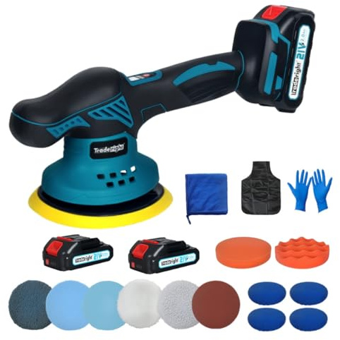 Traderight Cordless Car Polisher, 2 * 21V 2.0Ah Rechargeable Batteries Car Buffer Polisher Machine with 6-Speed 3700–5500RPM, 6in Dual Action Polisher for Car Waxing, Scratch Repair & Polishing