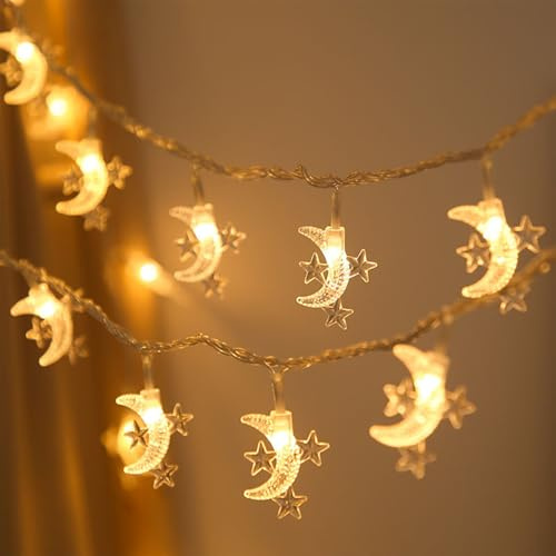 Koboko Ramadan Lichterkette mit 2 Modi,3M 20 LED Eid Ramadan Deko Lichterkette Batterie,Muslim Eid Mubarak Lichterketten,Islamische Stern Mond Lichterketten,Mubarak Dekolicherkette für Innen Außen (A)