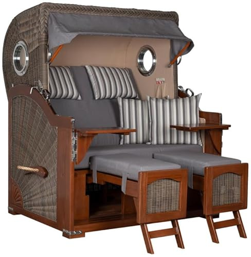 MR. DEKO Strandkorb XXL Düne Grande 2,5-Sitzer-Strandkorb | Mahagoni Holz PE-Geflecht Grey | Bullauge-Design | Volllieger wetterfest |Dessin 544 (Uni Grau)