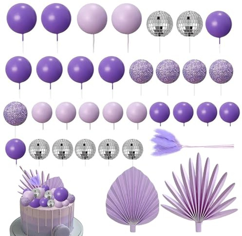 Cake Balls Decoration, Cake Balloons, Ball Cake Toppers with Flowers and Palm Fan, Palm Leaves Cupcake Toppers for Wedding Party Anniversary (Purple, 34Pcs)