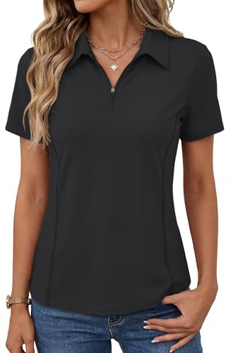 Lomon Women's Short Sleeve Golf Shirt Quarter Zip Tennis Tops Summer Casual Pullover Active Polo Shirts Black