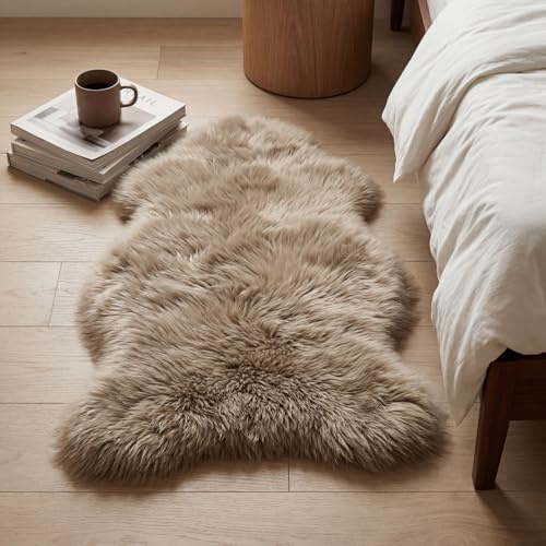 JXLOULAN Faux Lammfell Schaffell Teppich Grau Braun 75x120 cm, Longhair Flauschiger Fell Teppiche Wohnzimmer Deko Weicher für Stühle Sofa Schlafzimmer Kinderzimmer