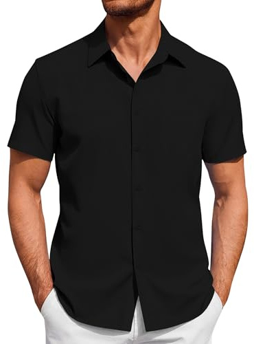 J.VER Mens Short Sleeve Dress Shirts 4-Way Stretch Wrinkle Free Business Casual Wedding Work Regular Fit Button Down Fashion Shirt Black XL