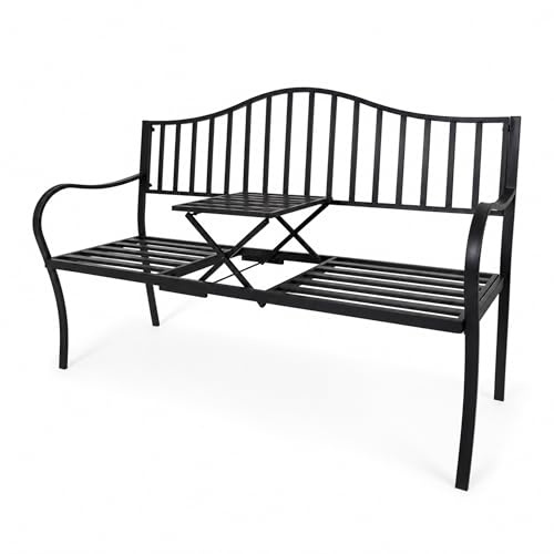 Lemodo Gartenbank mit Tisch, Metall-Gartenbank Schwarz, klappbarer Mitteltisch, Armlehnen, Rückenlehne, 2-Sitzer mit Ablage oder 3-Sitzer nutzbar, für Balkon, Terrasse & Garten, stabile Outdoor-Bank