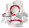 MALACASA, Series Felisa, 30-Piece Dinner Sets Red Stripes Ivory White Porcelain Dinner Service Set with 6 Cups/Saucers/Dessert Plates/Soup Plates/Dinner Plates