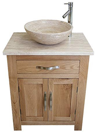 Wooden Bathroom Vanity with Sink and Drawer - Natural Oak Bathroom Sink Cabinet Wash Basin - Single Vanity Unit with Chromed Mixer Tap - Cream Marble Bowl with Oak Top