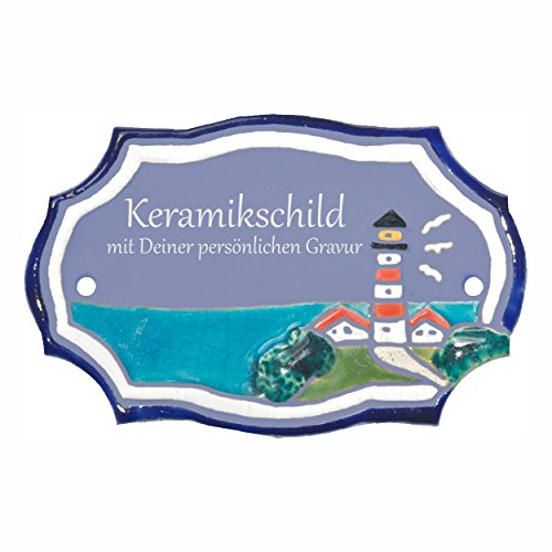 Handarbeit aus Schleswig-Holstein Keramikschild 12,5 x 8,0 cm Motiv Kleiner Leuchtturm am Wasser (hellblau)