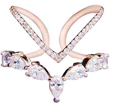 Uloveido Double Pointed V Shape Adjustable Rose Gold Color Wedding Rings Silver-Tone Crystal Jewellery for Girls JZ157 (Rose Gold)