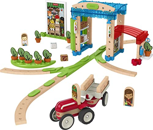 Fisher-Price FXG14 - Wunder Werker Holzspielzeug Kleine Stadt aus FSC zertifiziertem Holz mit Schienen, Figuren, Fahrzeuge und Zubehör (75 Teile), Kleinkind Spielzeug ab 3 Jahren Mehrfarbig