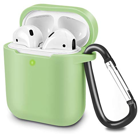 KOKOKA Schutzhülle für AirPods 2 & 1, Silikon-Schutzhülle für AirPods 2 & 1, sichtbare LED-Anzeige, unterstützt kabelloses Laden mit Karabiner, Matcha Green